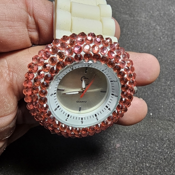 Charming Charlie Ladies Quartz Watch Pink Rhinestone Bezel White Band Working sh - Picture 7 of 9